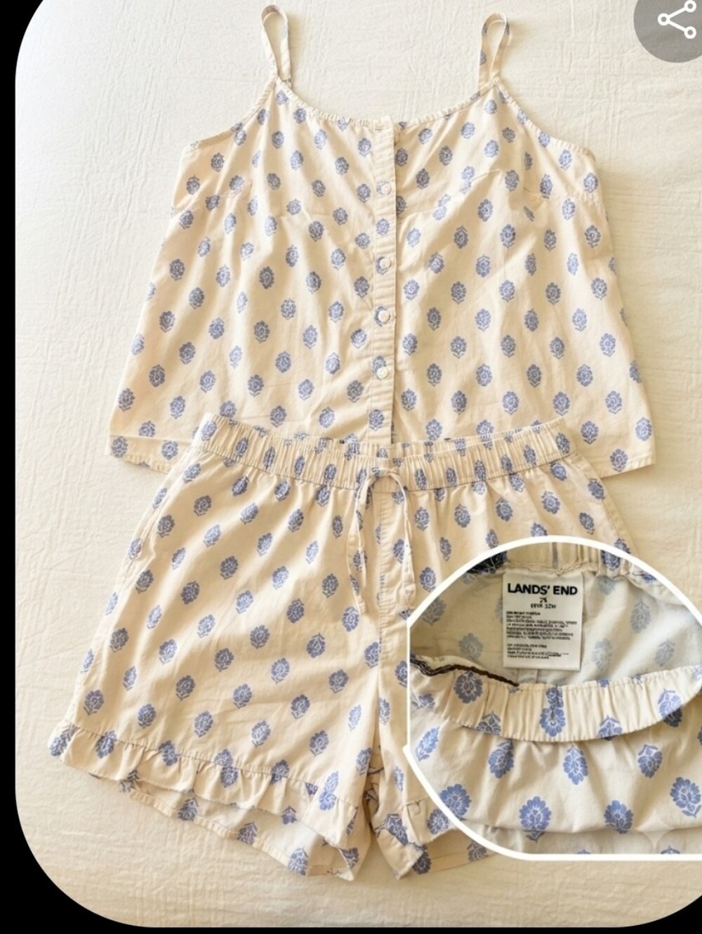 Lands' End Girls' Cream & Blue Printed Pajama Set 100% Cottom